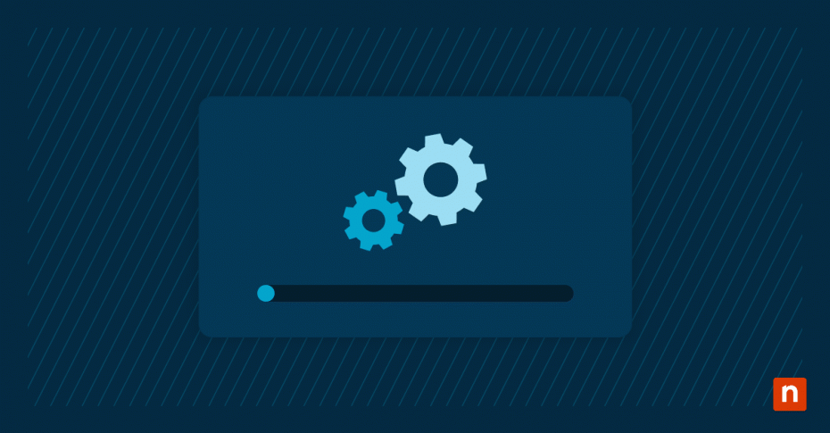 Gear icons and progress bar illustration representing a computer patch that is in progress